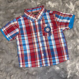 “Boyz Wear Boys Plaid Button-Up Shirt Red Blue Check Short Sleeve Size 18 mo